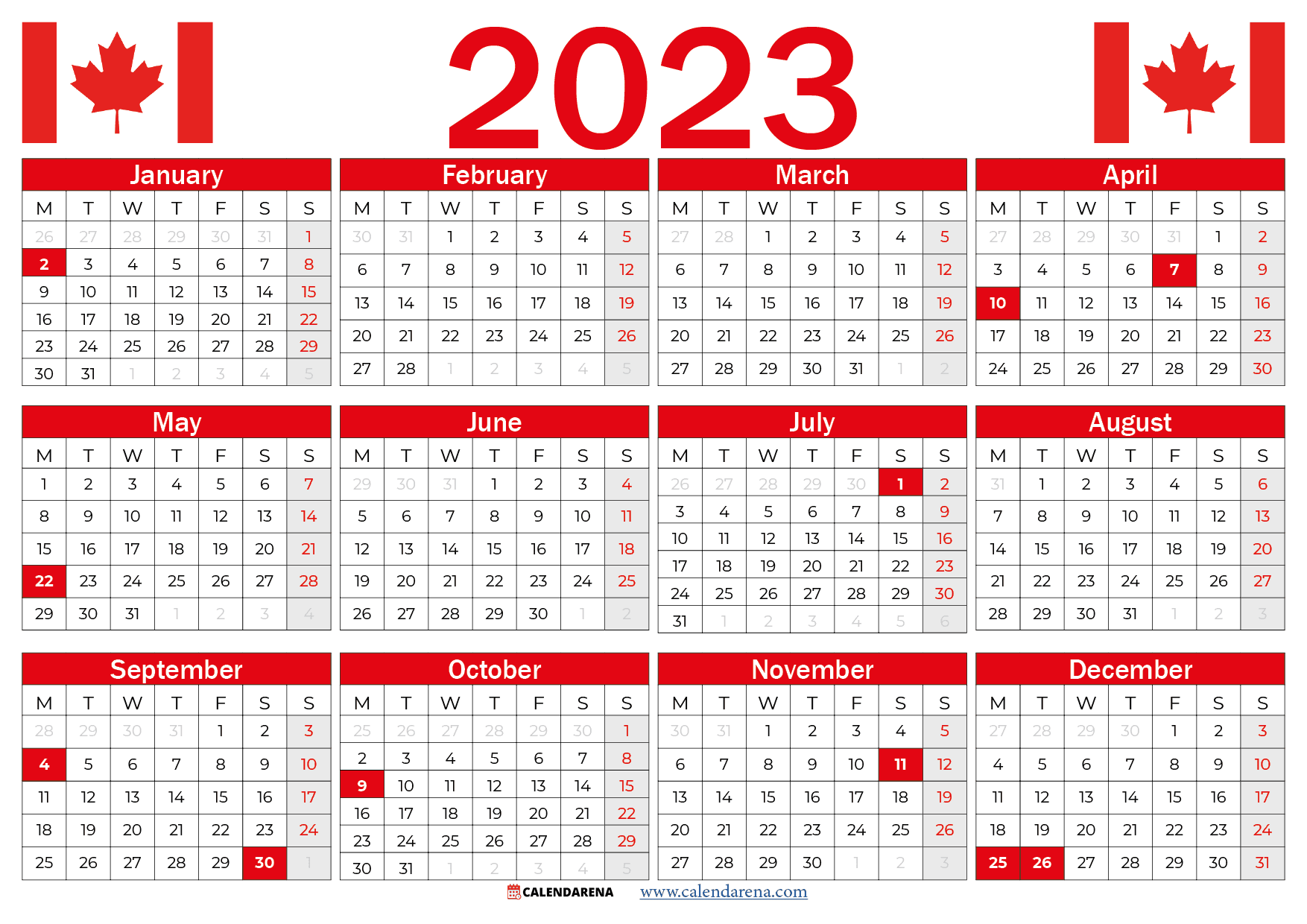 Canada 2023 Calendar With Holidays Printable