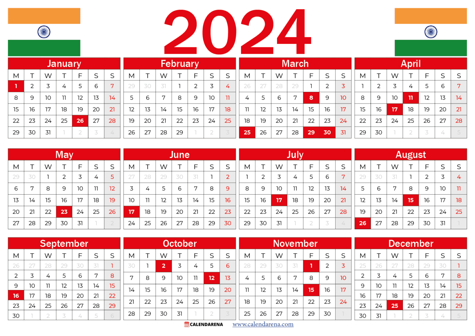 India 2023 Calendar With Holidays Printable