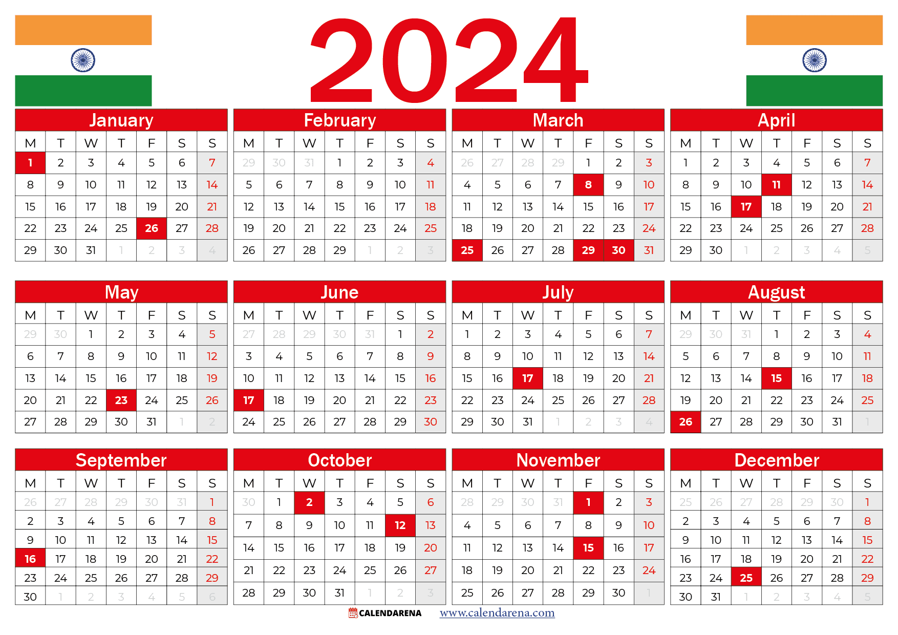 India Holidays 2024 Calendar Printable Karie Marleen