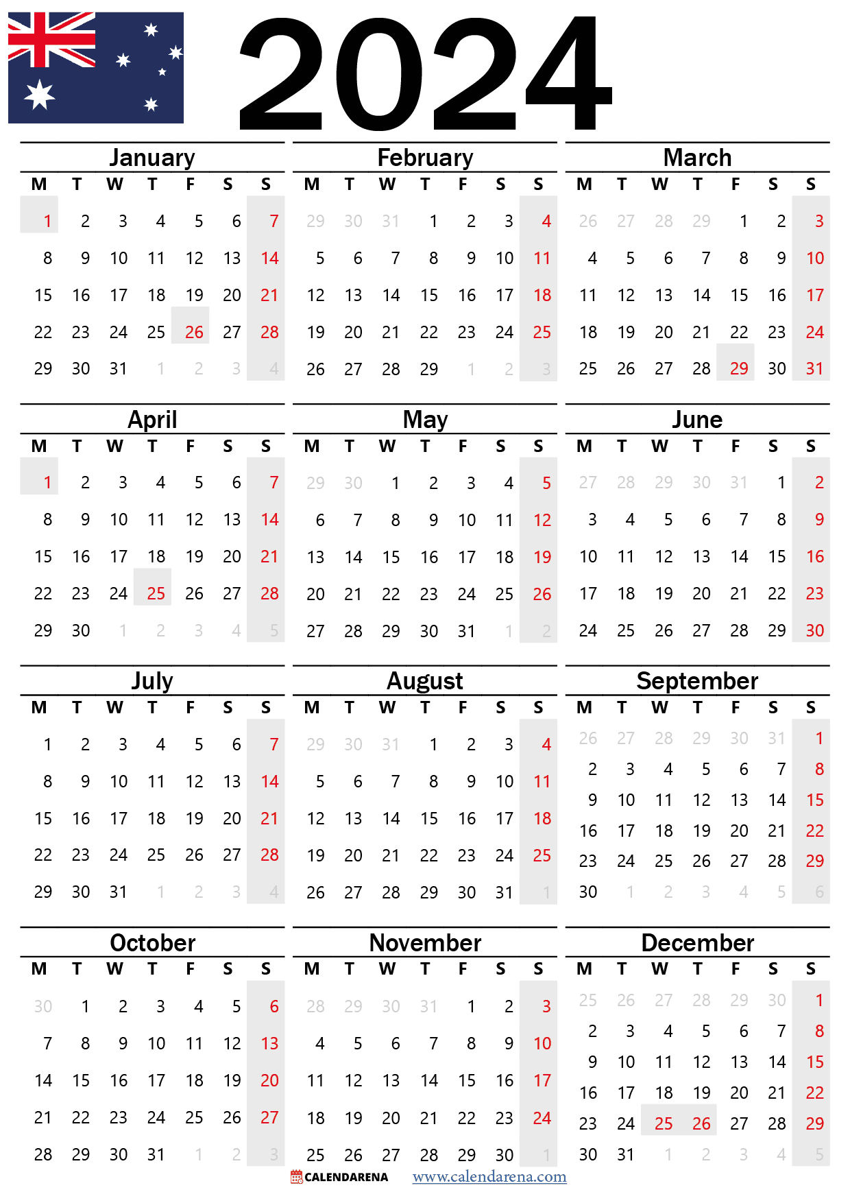Free Printable Calendar 2024 Australia Month Ivie Rhodie