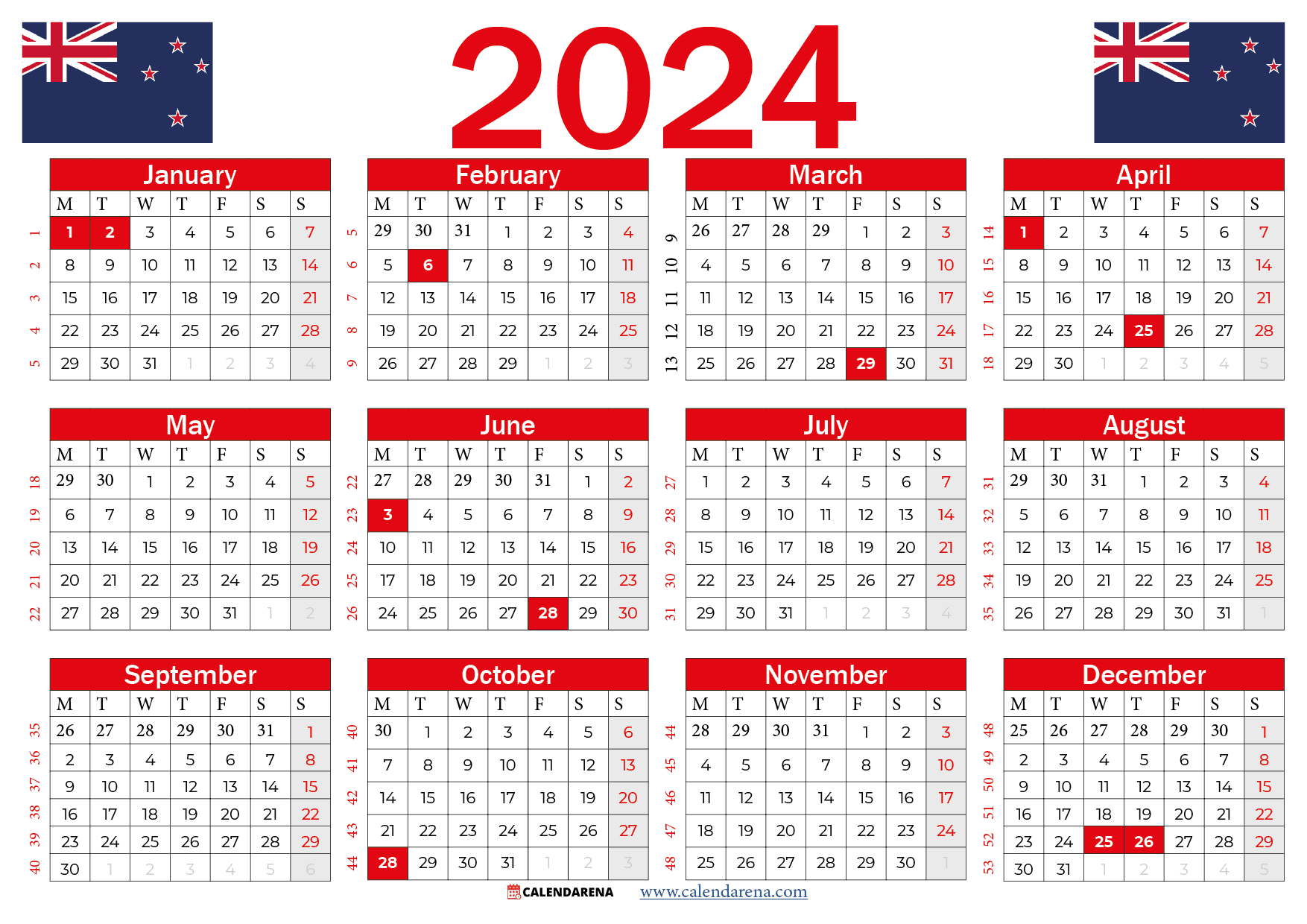 2024 calendar printable nz