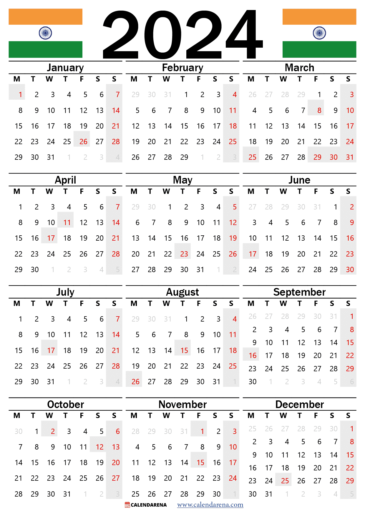 2024 Printable Calendar With Holidays Pdf India Printfree Calendar 2024
