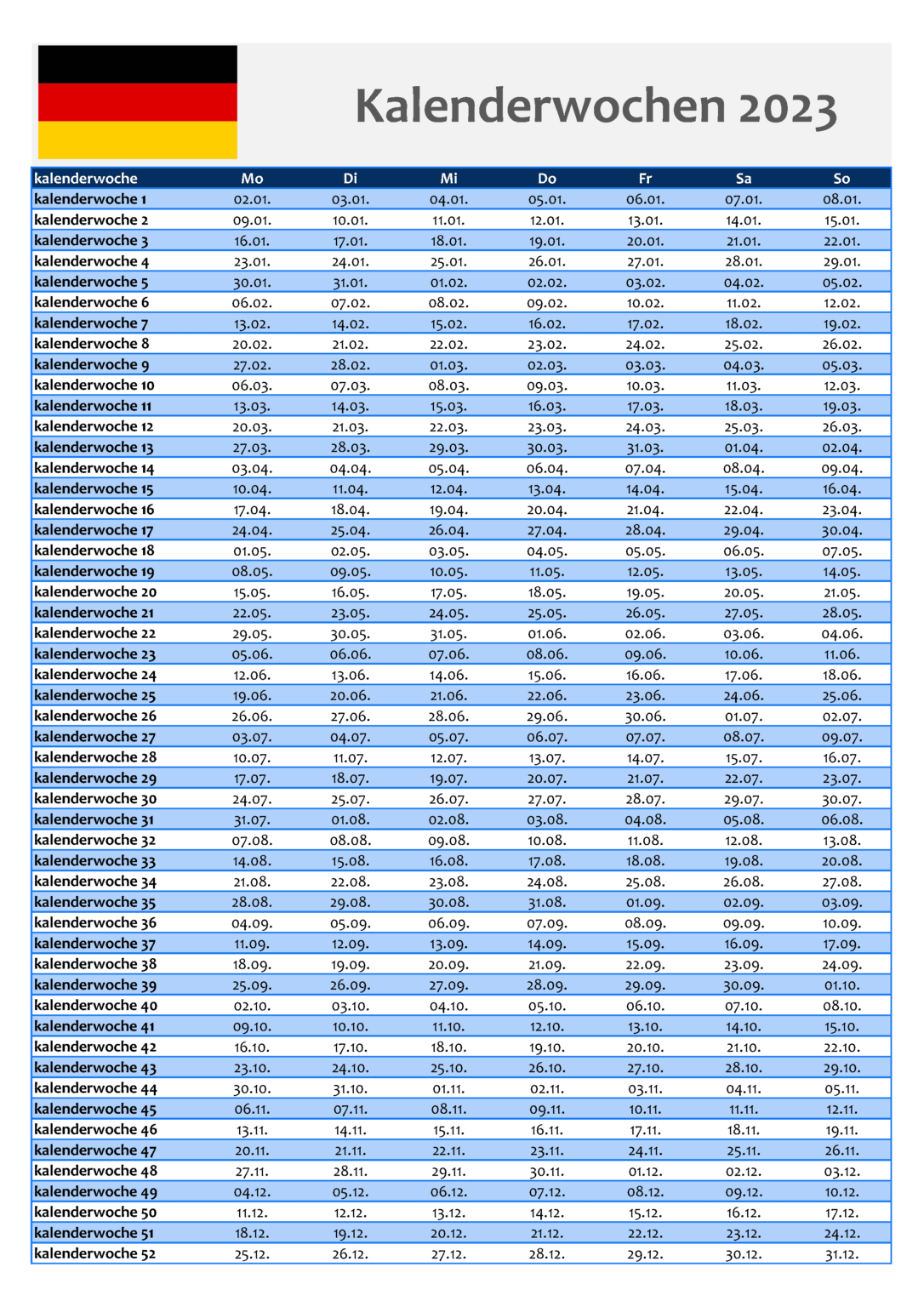 Kalenderwochen 2023 PDF Porträt Blau