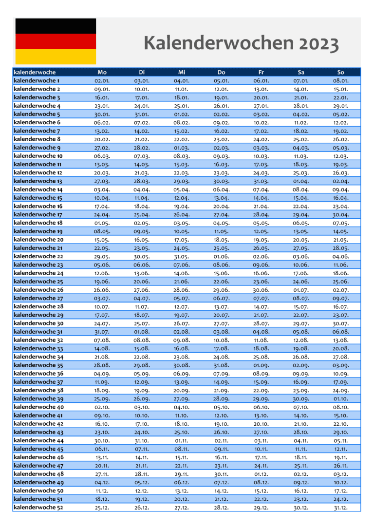 Kalenderwochen 2023 PDF Porträt Blau