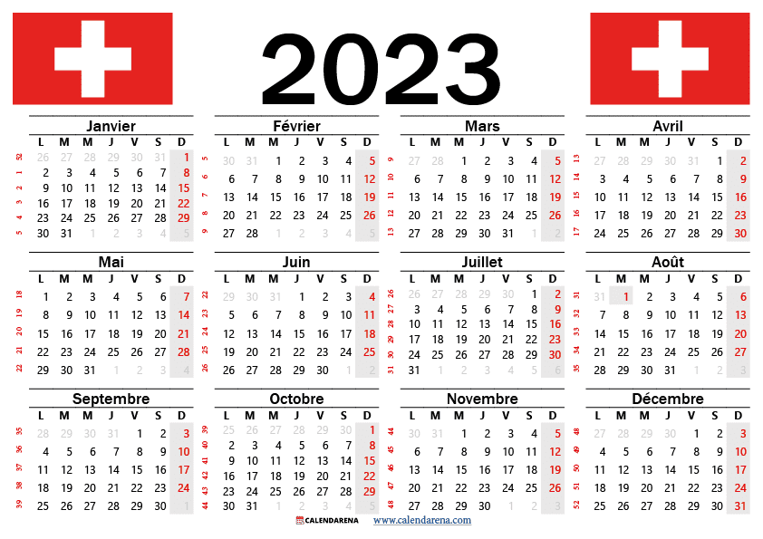 calendrier 2023 avec semaine Suisse