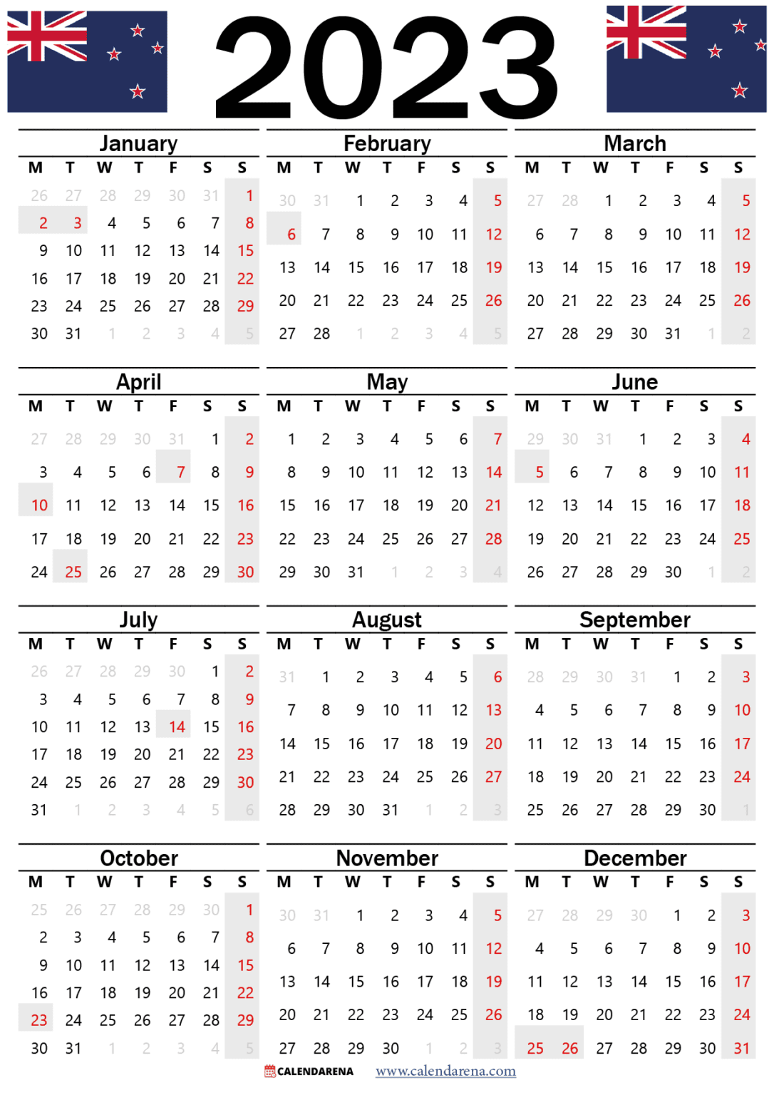 New Zealand 2023 Calendar With Holidays Printable