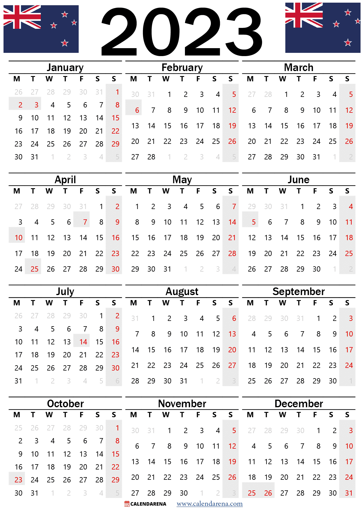 New Zealand 2023 Calendar With Holidays Printable 0884