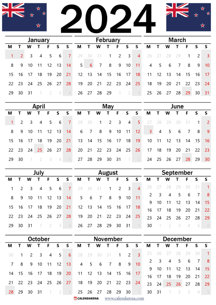 free printable 2024 calendar with holidays nz