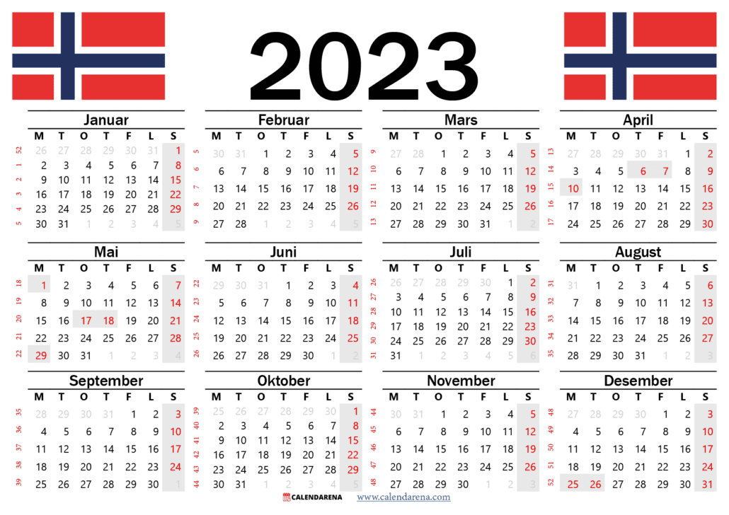 kalender 2023 med helligdager norsk