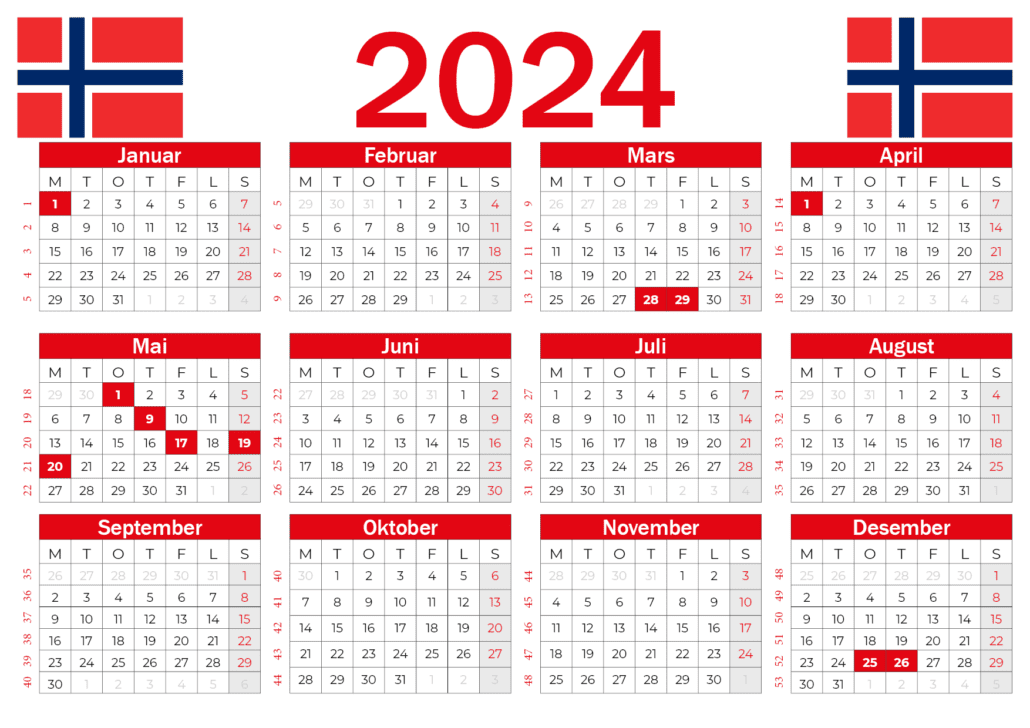 kalender 2024 med helligdager norsk