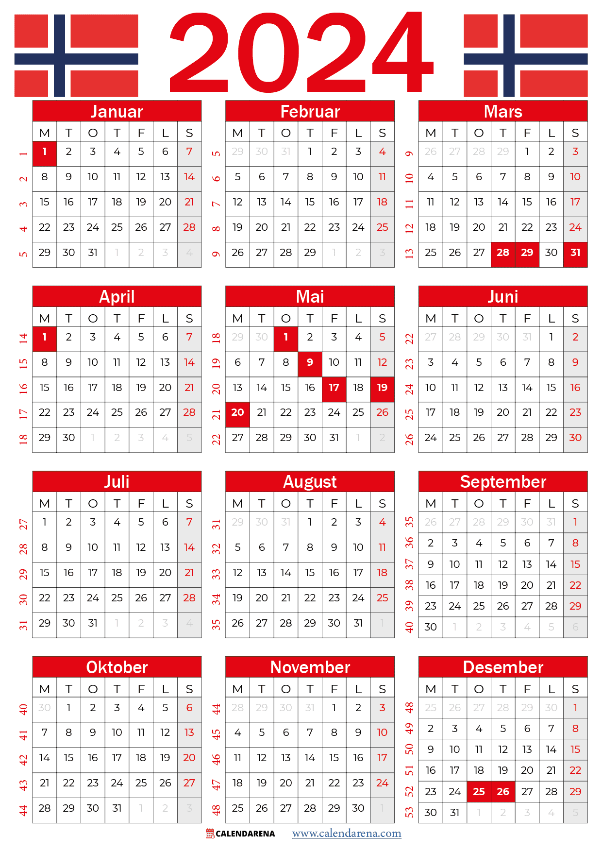 Kalender For 2023 Med Helligdager Og Ukenumre Online Ukekalender
