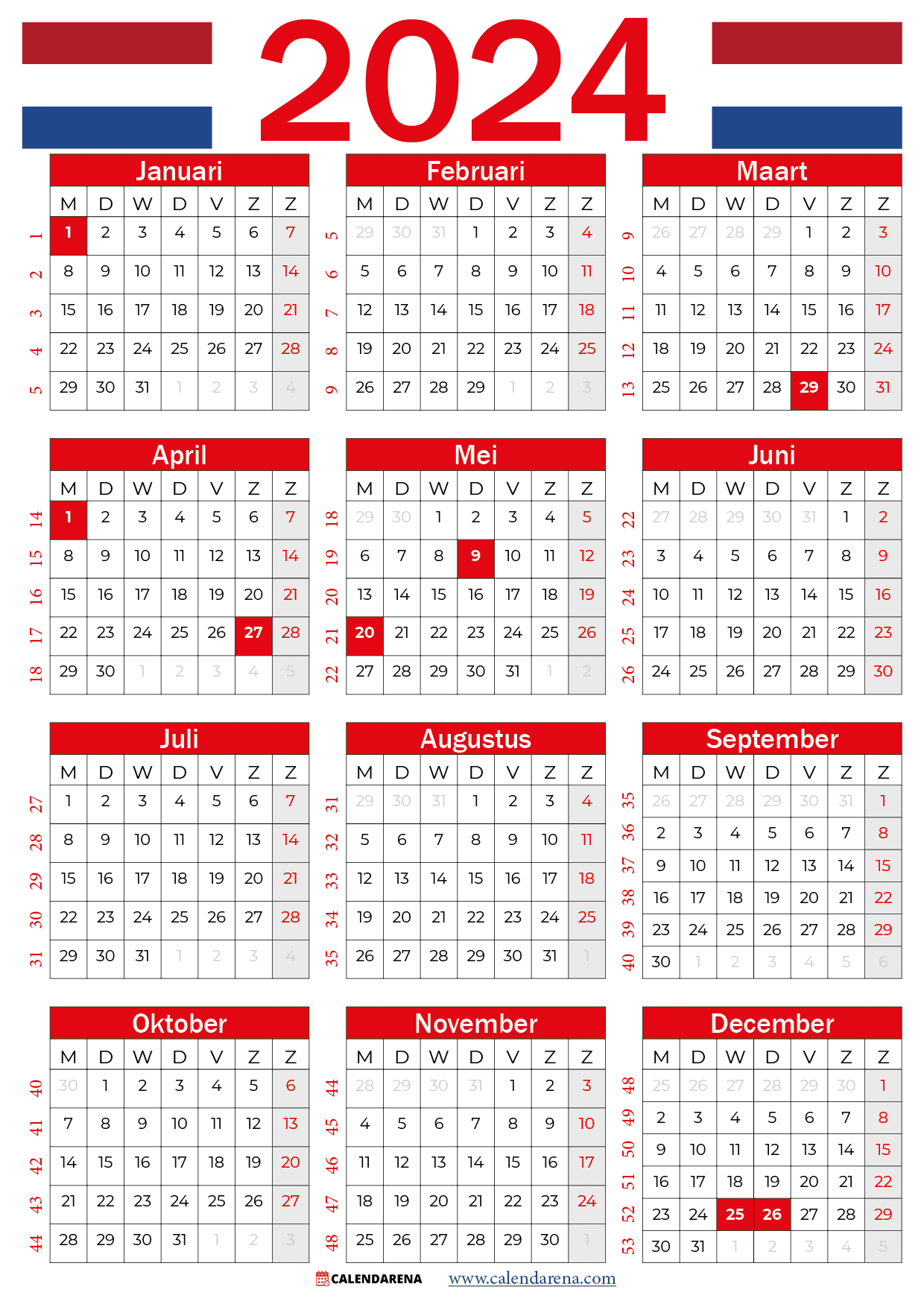 Kalender 2024 Met Weeknummers Nederland 