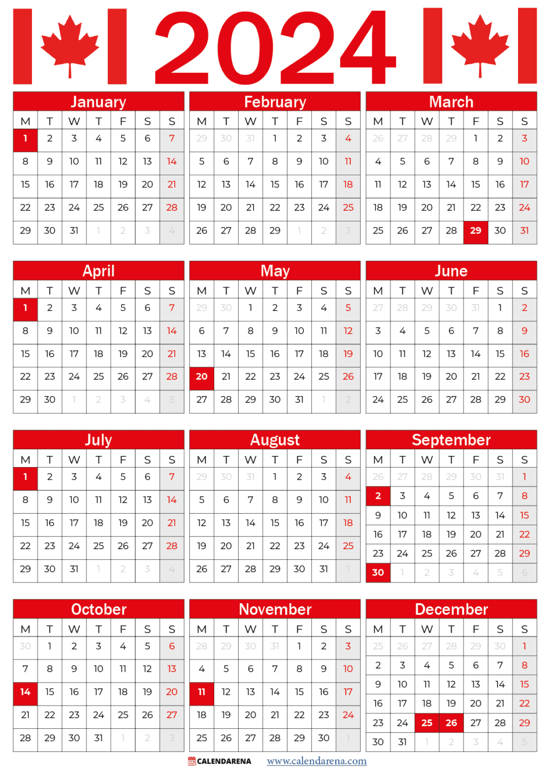 Canada 2023 Calendar With Holidays Printable