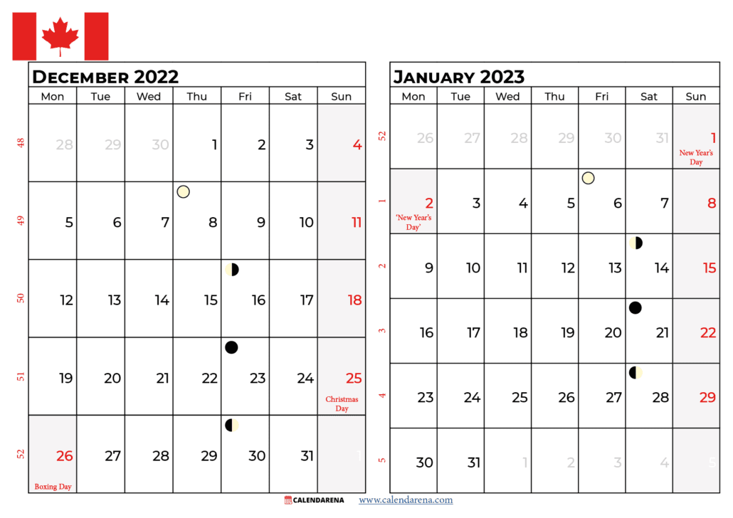 calendar december 2022 january 2023 Canada