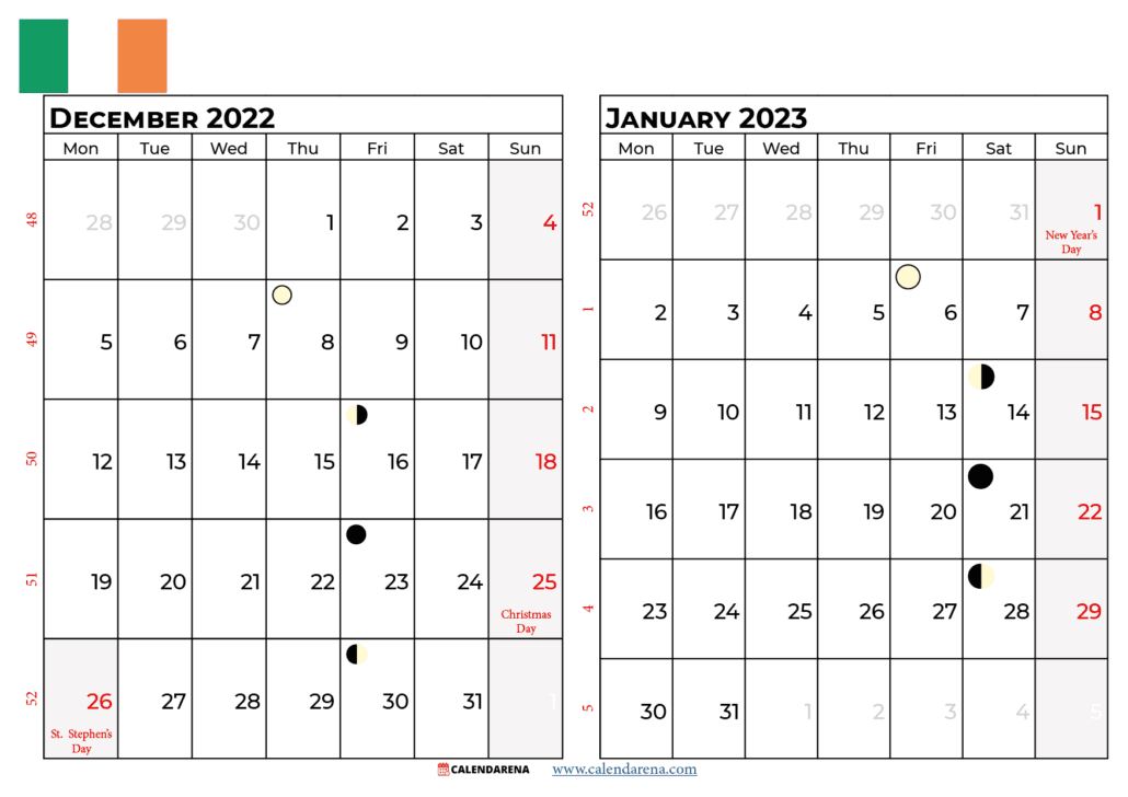 calendar december 2022 january 2023 ireland