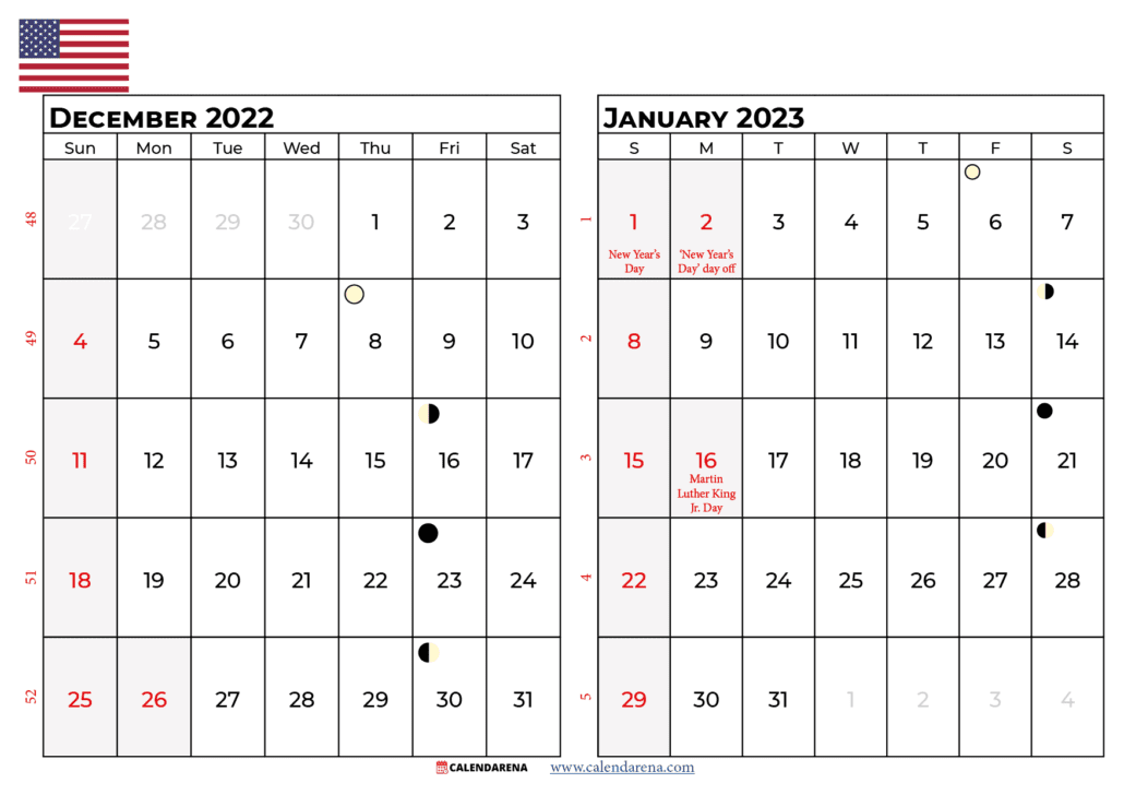calendar december 2022 january 2023 usa