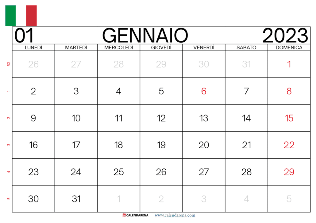calendario 2023 gennaio italia