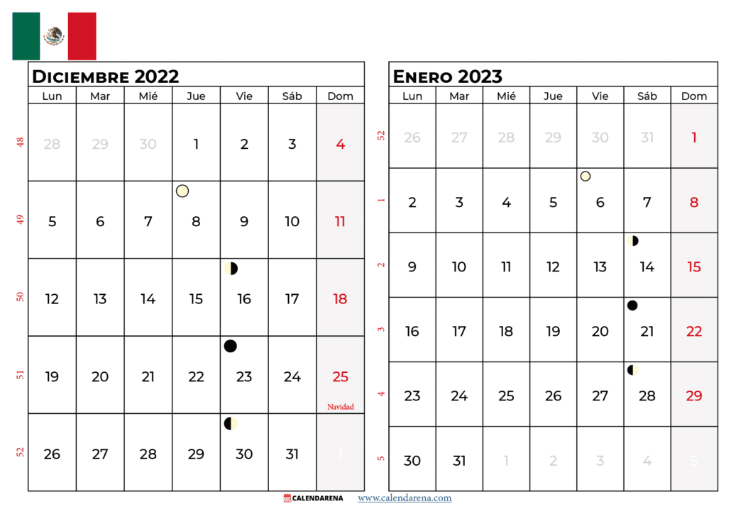 calendario diciembre 2022 enero 2023 méxico