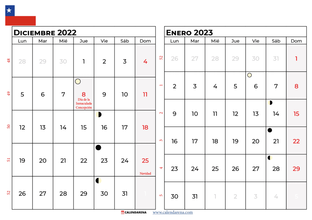 calendario diciembre 2023 enero 2023 chile