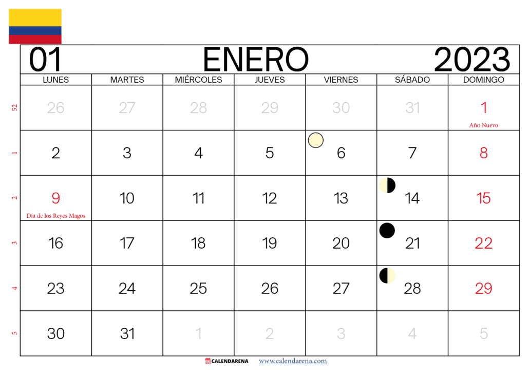 calendario enero 2023 colombia con festivos