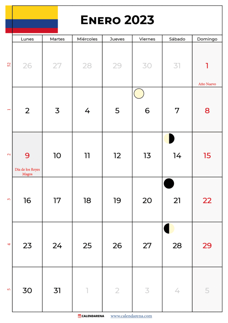 calendario enero 2023 con festivos colombia