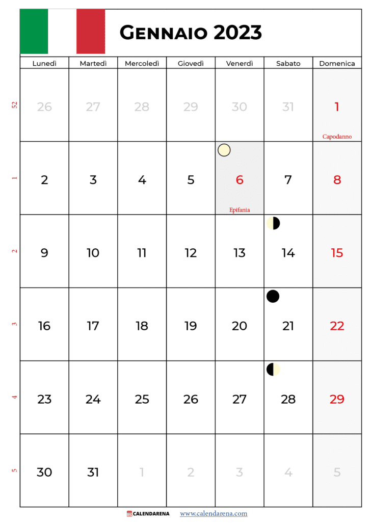 calendario gennaio 2023 con festività