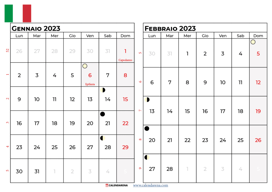 calendario gennaio febbraio 2023