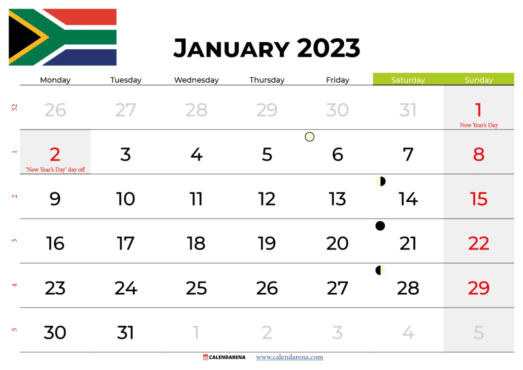 calender 2023 january south africa with holidays