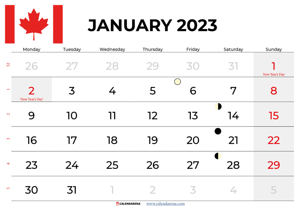 january 2023 calendar canada