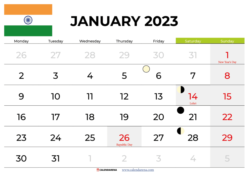 january 2023 calendar india