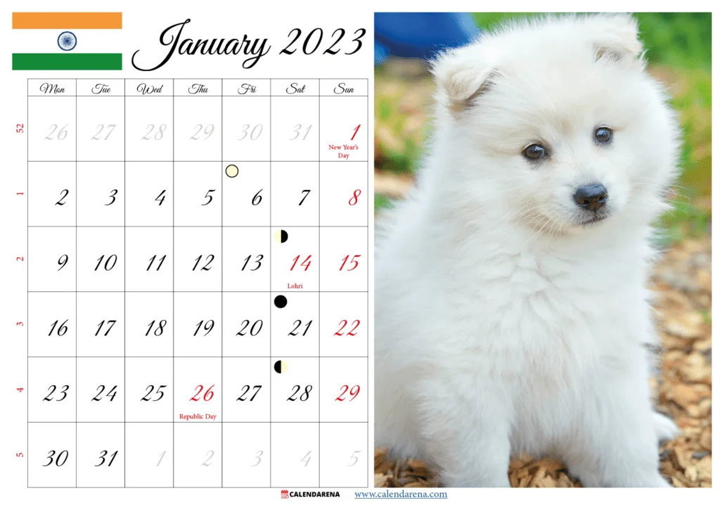 january 2023 calendar printable india