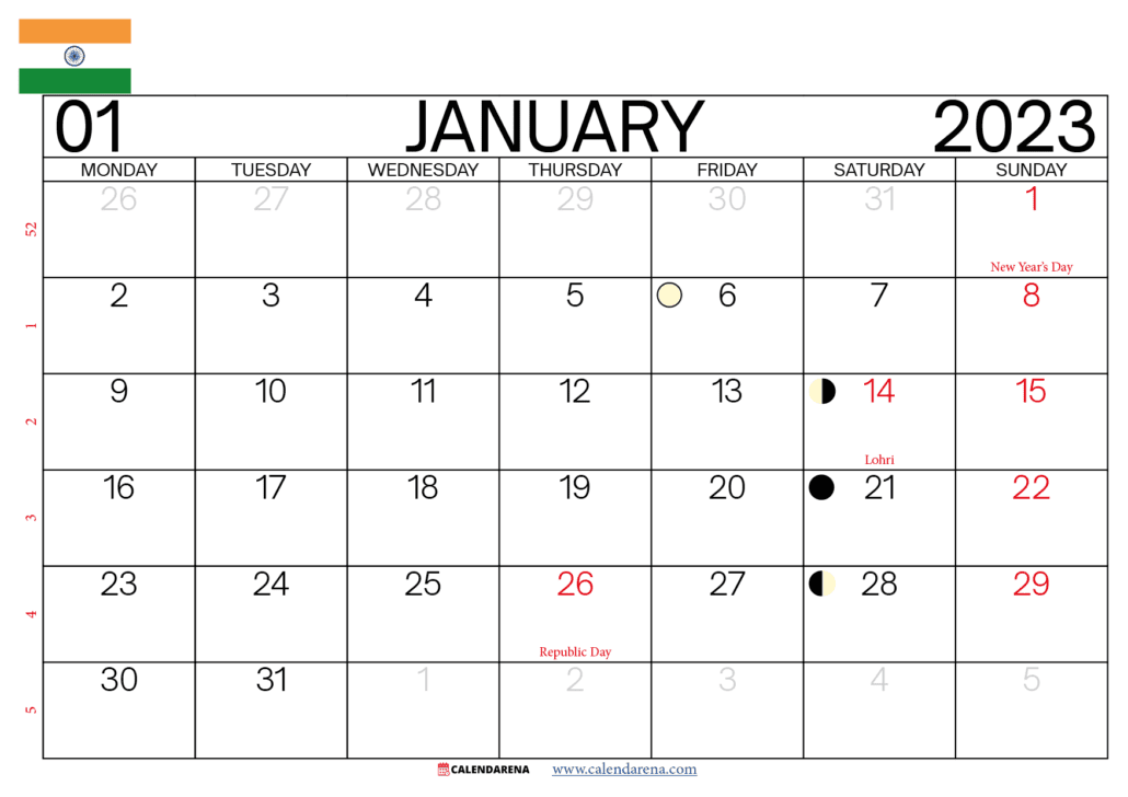 january 2023 calendar with holidays india
