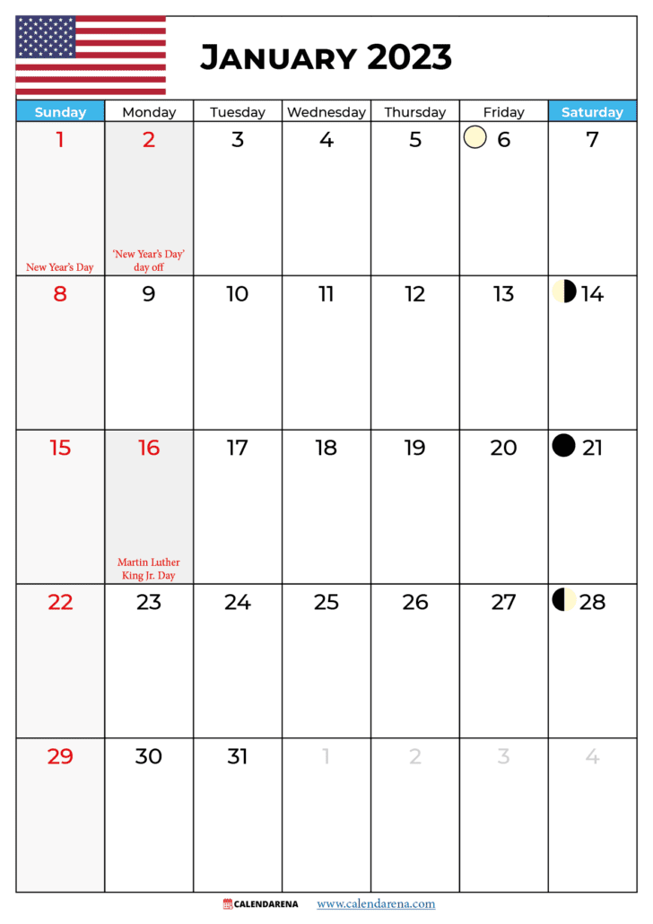 january 2023 calendar with holidays usa