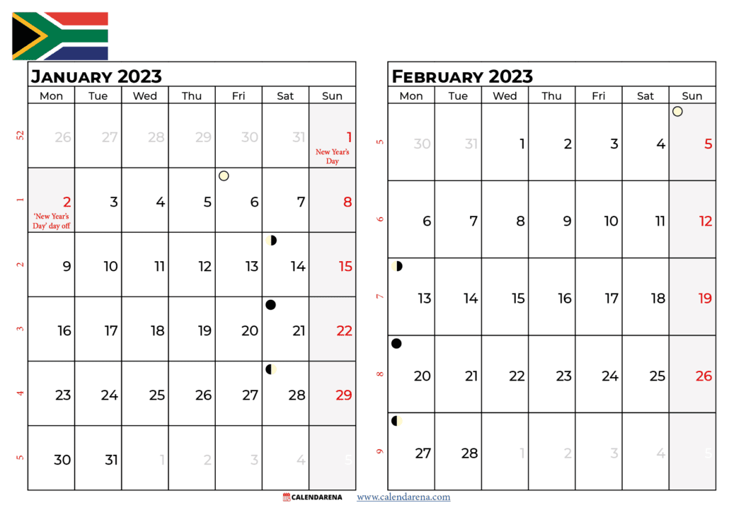 january february 2023 calender south africa