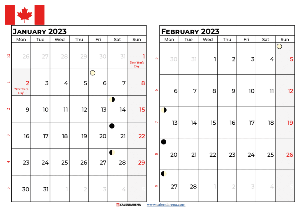 january february calendar 2023 canada