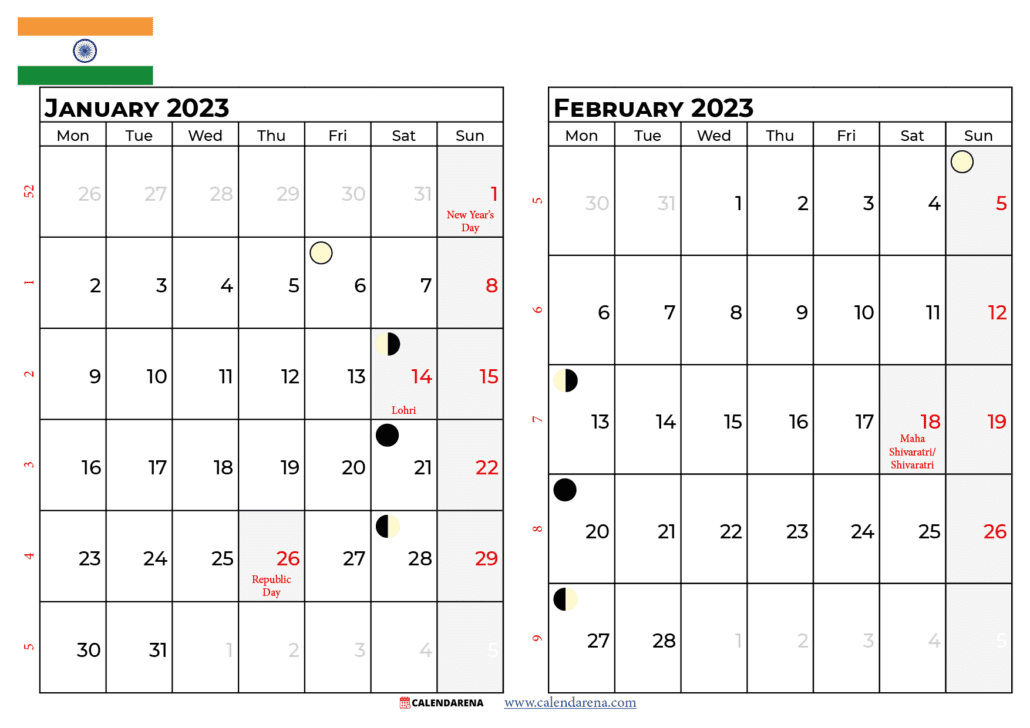 january february calendar 2023 india