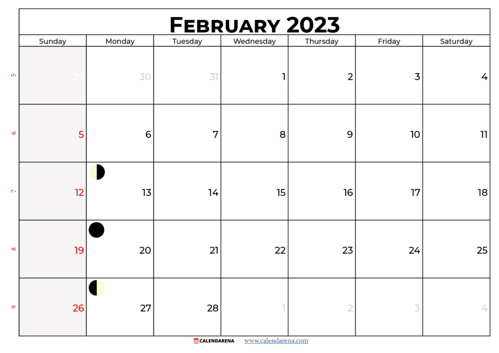 Blank February 2023 calendar usa