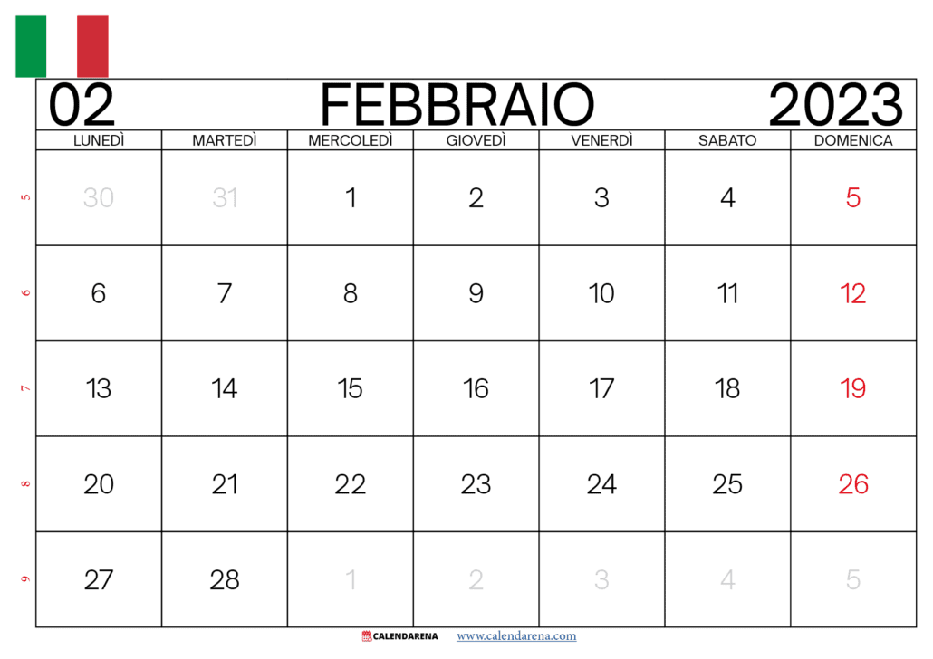 Calendario 2023 Febbraio