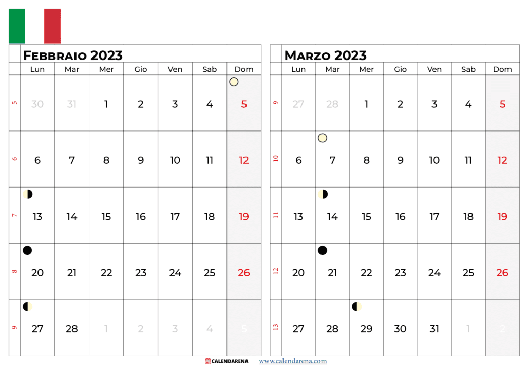 Calendario febbraio marzo 2023