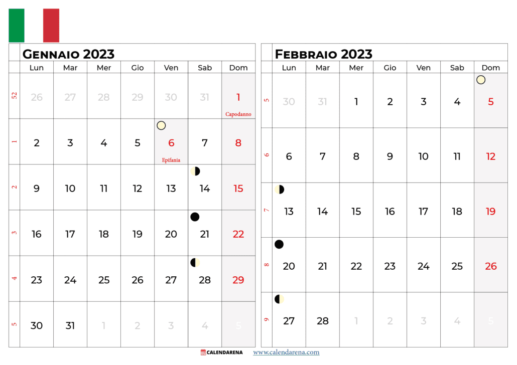 Calendario gennaio febbraio 2023
