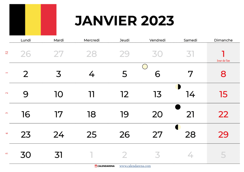 Calendrier janvier 2023 à Imprimer Belgique