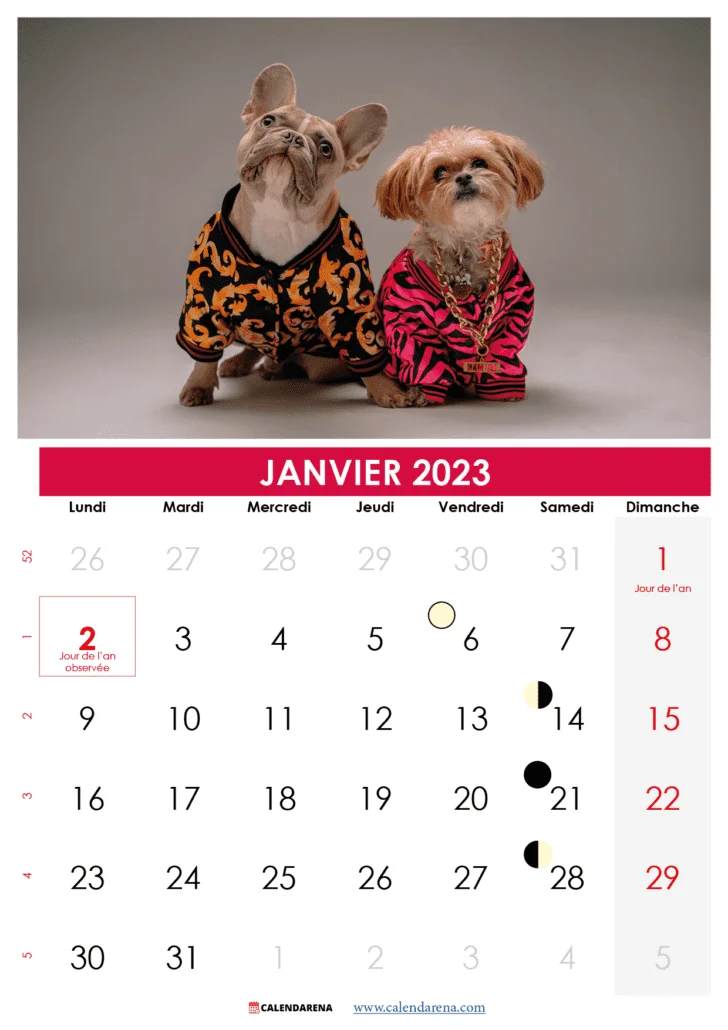Calendrier janvier 2023 à imprimer québec modèle 3