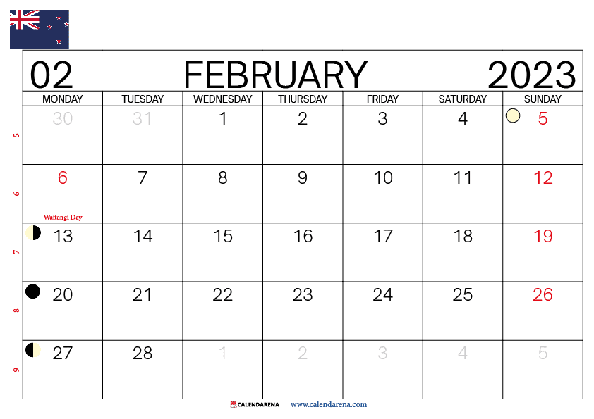 February 2023 calendar printable NZ