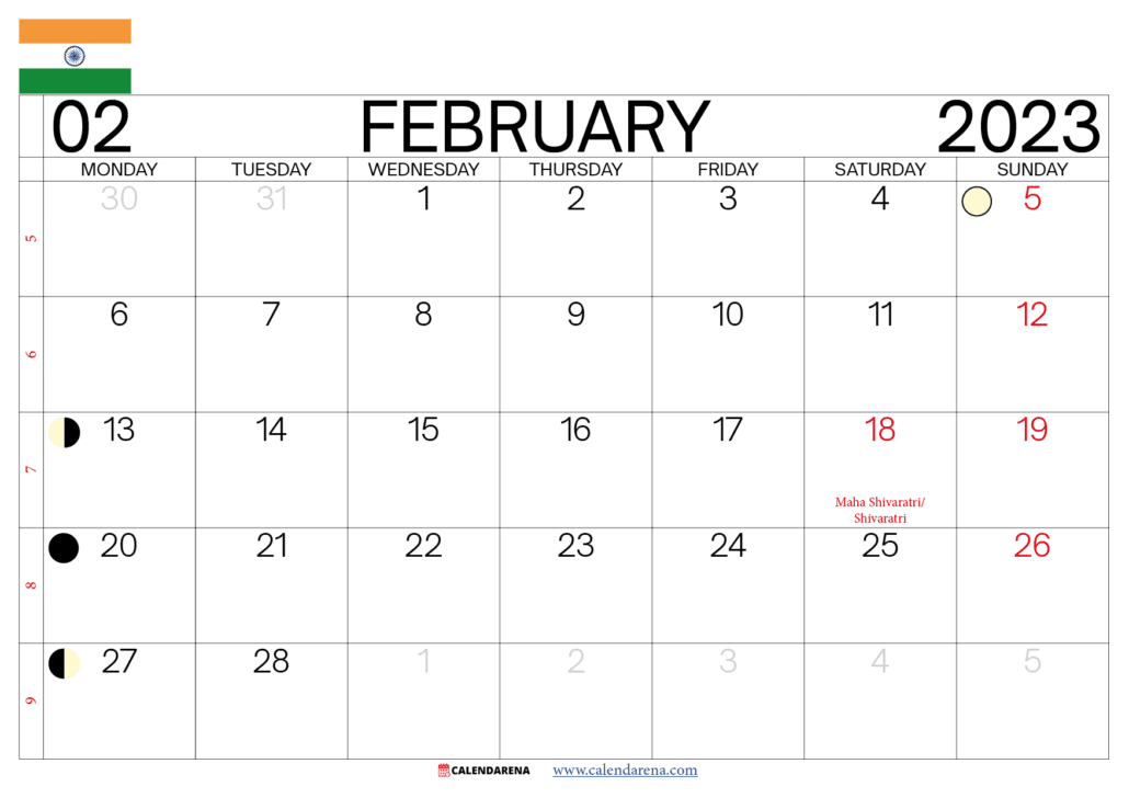 February 2023 calendar printable india