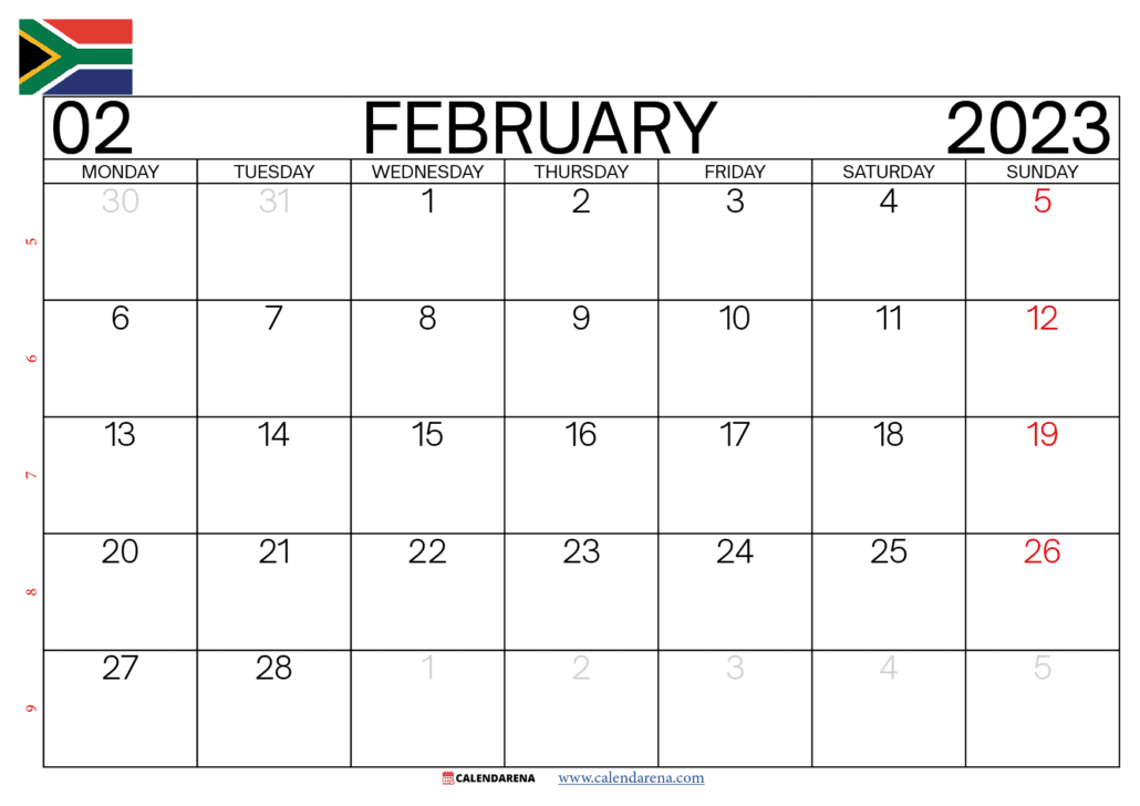 February 2023 calendar printable south africa