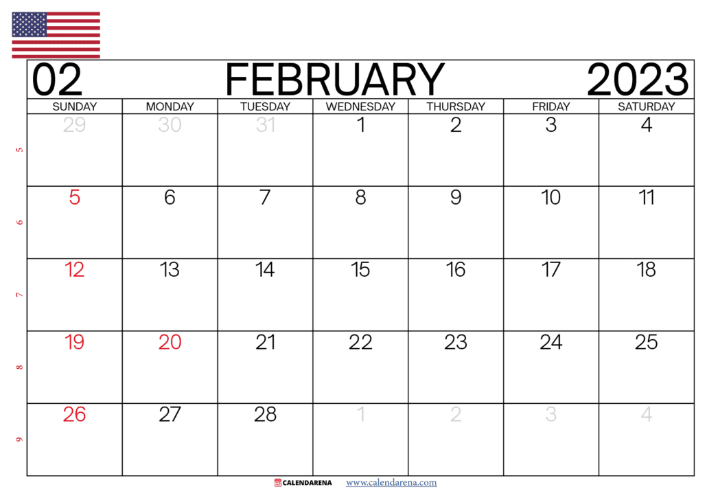 February 2023 calendar printable usa