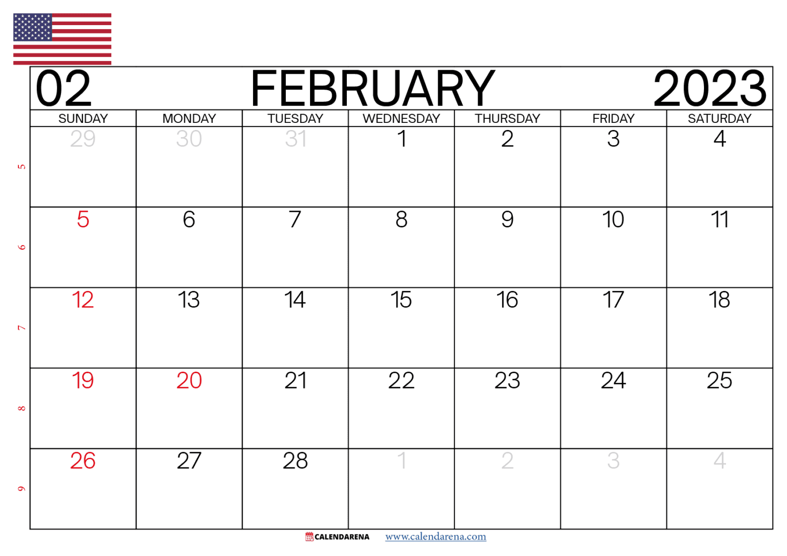 February 2023 Calendar Printable USA