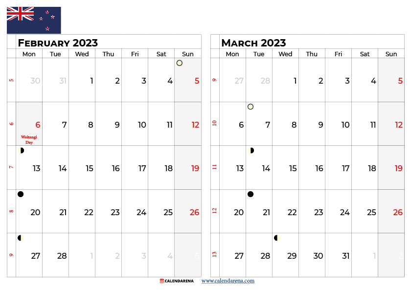 February march 2023 calendar NZ