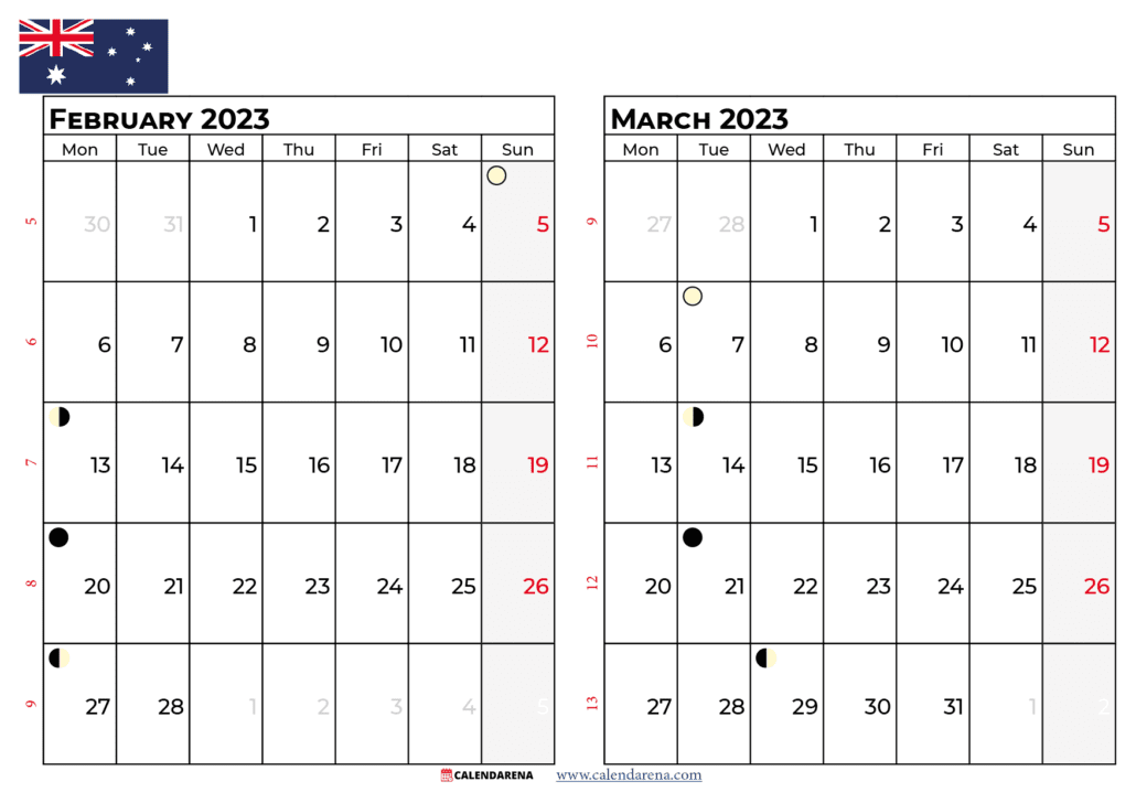 February march 2023 calendar australia