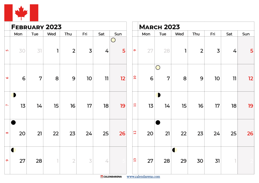 February march 2023 calendar canada